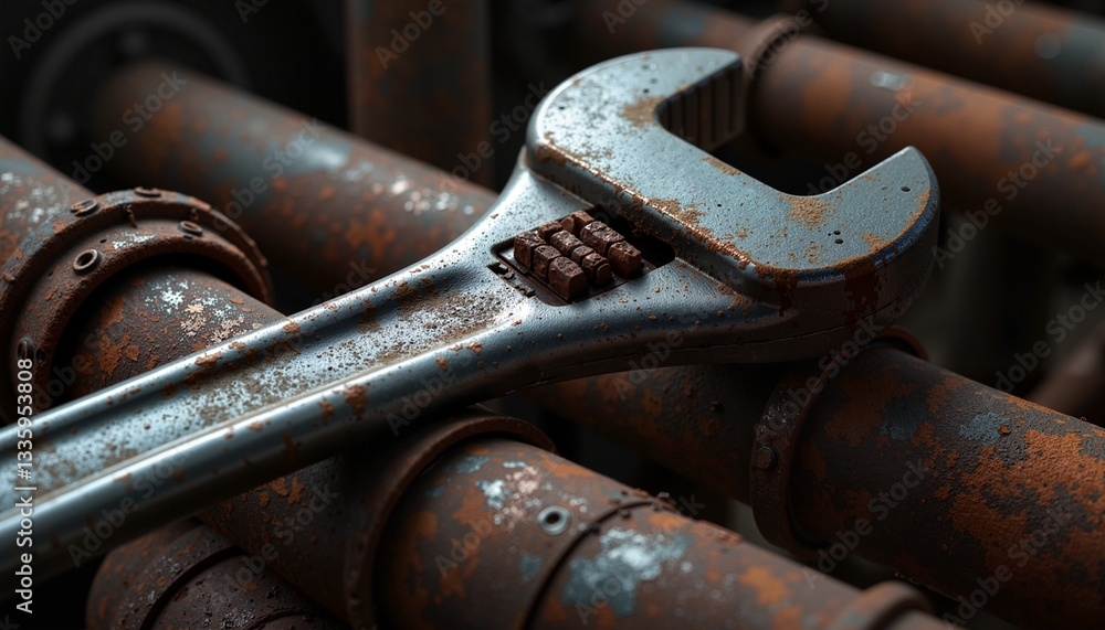 A heavy-duty wrench lies on metal pipes in an industrial setting, highlighting the tools used in mechanical labor. A strong representation of craftsmanship, repair work, and industrial dedication. A heavy-duty wrench lies on metal pipes in an industrial setting, highlighting the tools used in mechanical labor. A strong representation of craftsmanship, repair work, and industrial dedication.