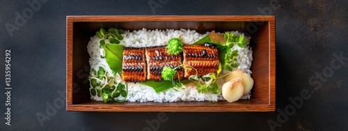 Grilled eel with tare sauce served in a lacquered bento box with rice. Generative AI