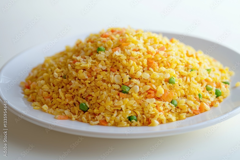 Delicious Fried Rice Dish with Vegetables on White Plate Asian Cuisine Flavorful Food Close Up Delicious Fried Rice Dish with Vegetables on White Plate Asian Cuisine Flavorful Food Close Up