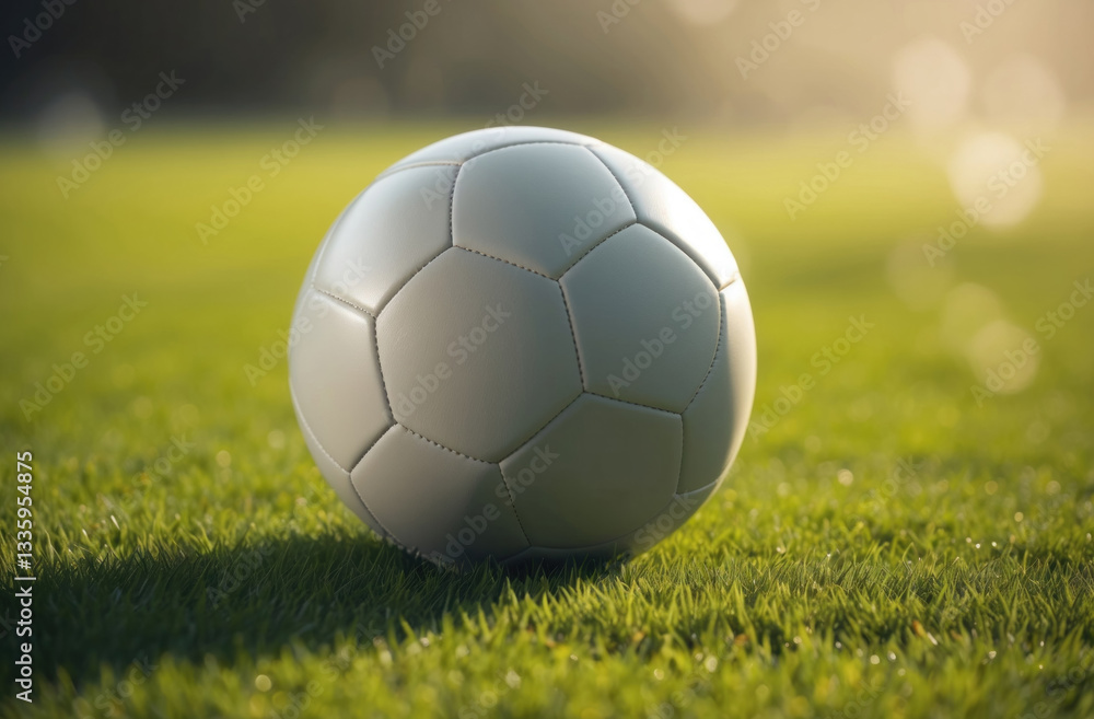 Fototapeta premium soccer ball resting on a lush vibrant green grass field, evoking imagery of sport leisure and outdoor activity.