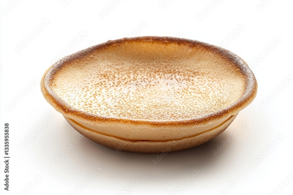 Delicious half flan cake with sugar powder on white background food photography close up angle Delicious half flan cake with sugar powder on white background food photography close up angle