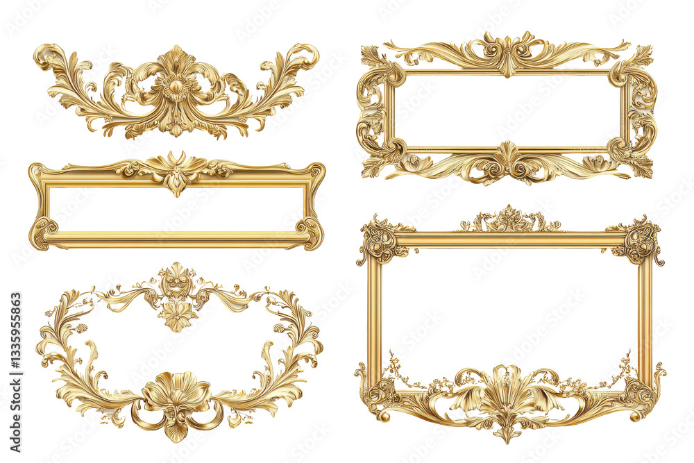 Obraz premium Ornate Gold Frames and Decorative Elements Baroque Style Design, isolated on transparent background
