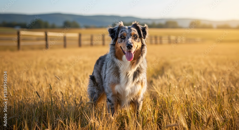 Happy Australian Shepherd Dog Standing in Golden Field at Sunset Happy Australian Shepherd Dog Standing in Golden Field at Sunset