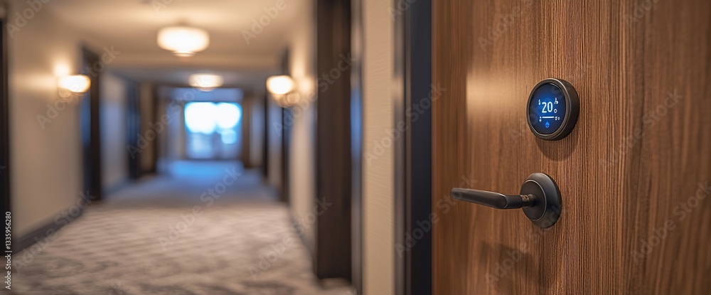 Obraz premium Hotel room door with smart thermostat and hallway view.