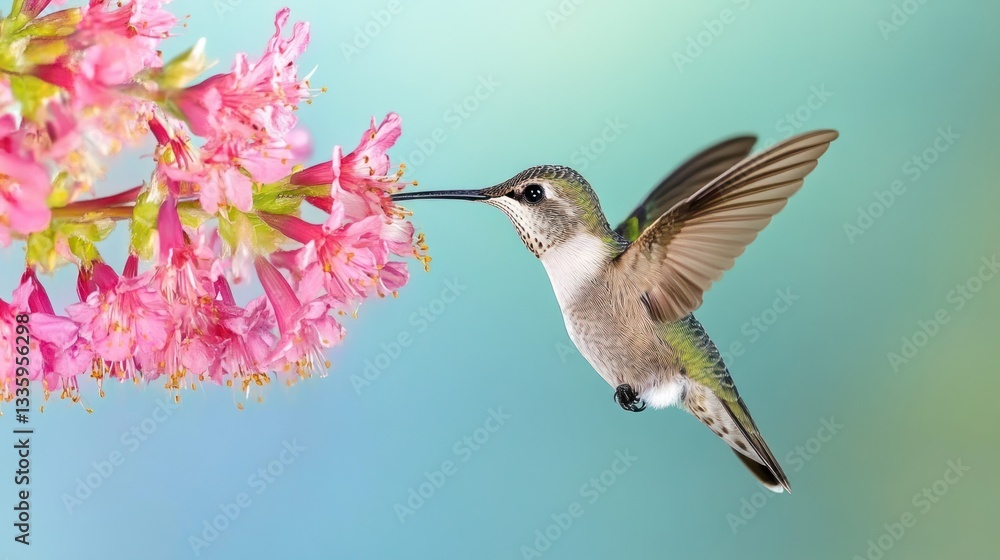Naklejka premium Hummingbird feeding on pink flowers