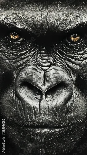 Majestic close-up of a gorilla highlighting intricate facial features and textures in a black and white portrayal