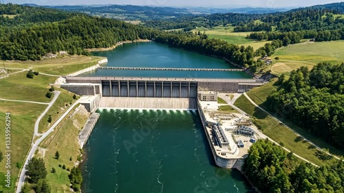 Wallpaper Mural Large hydroelectric dam on a river surrounded by green hills and trees in a clear sky during daytime Torontodigital.ca