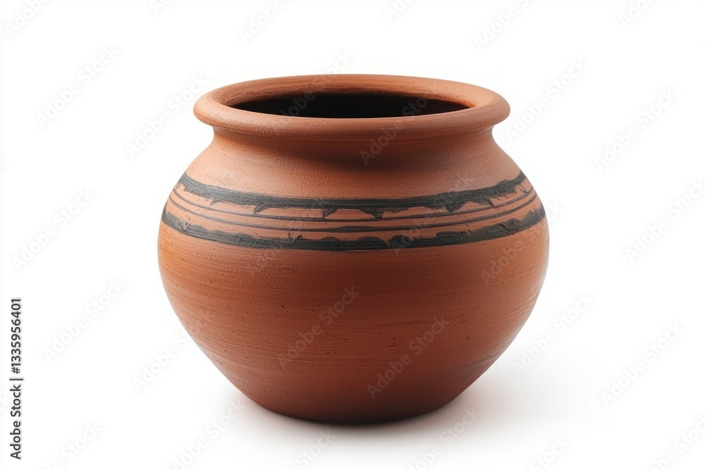 Rustic terracotta pot with elegant black painted geometric pattern on a crisp white background studio shot Rustic terracotta pot with elegant black painted geometric pattern on a crisp white background studio shot