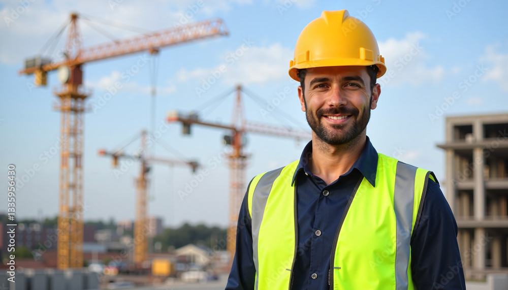 A confident construction worker in a yellow hard hat stands in front of a construction site with cranes in the background. Symbolizes dedication, teamwork, and the workforce’s role in development. A confident construction worker in a yellow hard hat stands in front of a construction site with cranes in the background. Symbolizes dedication, teamwork, and the workforce’s role in development.