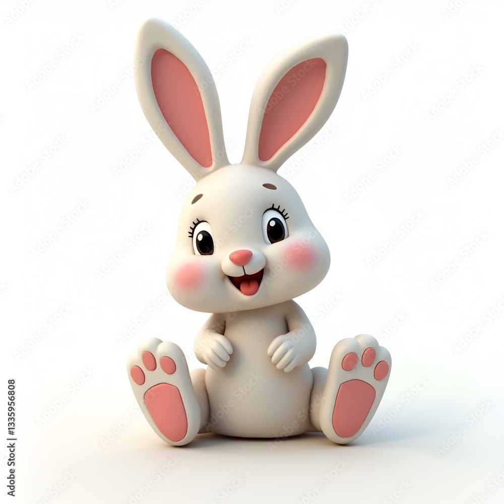 Obraz premium Cute cartoon rabbit, 3D render, white fluffy bunny, large ears, big eyes, smiling expression, soft lighting, pastel colors, adorable character design, plush toy aesthetic, innocent look, sitting pose,