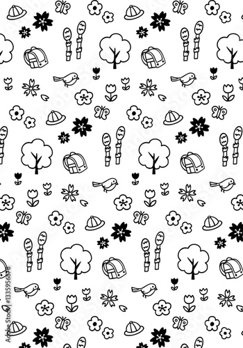 かわいい手書き春のイメージのモノクロ背景パターン