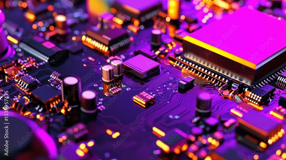 Fototapeta premium Futuristic circuit board technology detailed visual showcasing complex design and vibrant neon glowing light