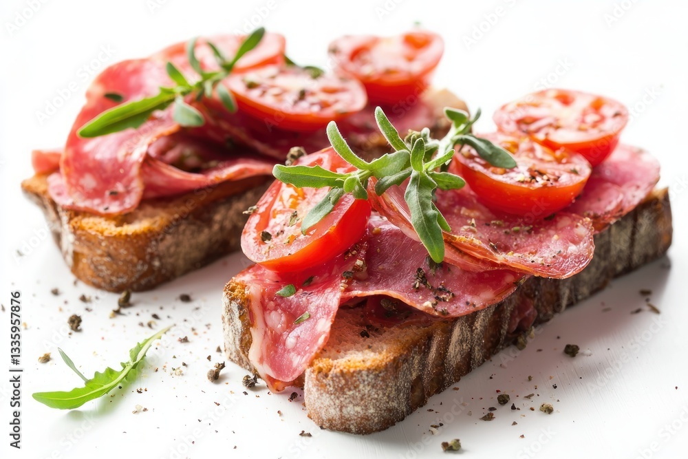Rustic open faced sandwiches with cured meat cherry tomato and fresh arugula on toasted bread Rustic open faced sandwiches with cured meat cherry tomato and fresh arugula on toasted bread