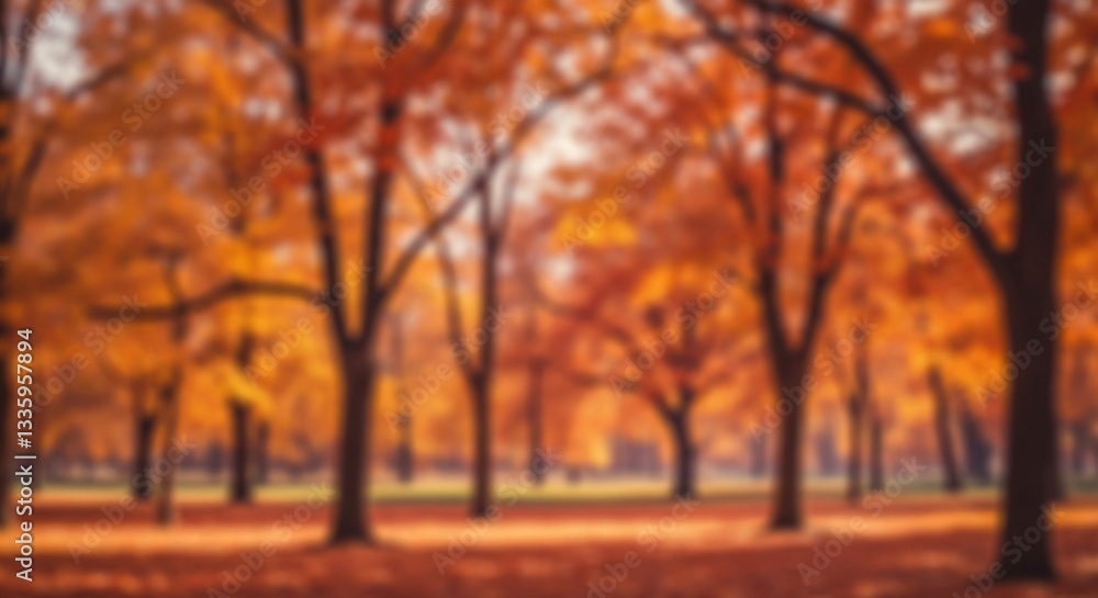 Naklejka premium A warm, dreamy atmosphere with vertical tree trunks is created by a blurred autumn forest scene with golden-orange foliage and sunlight bokeh effect