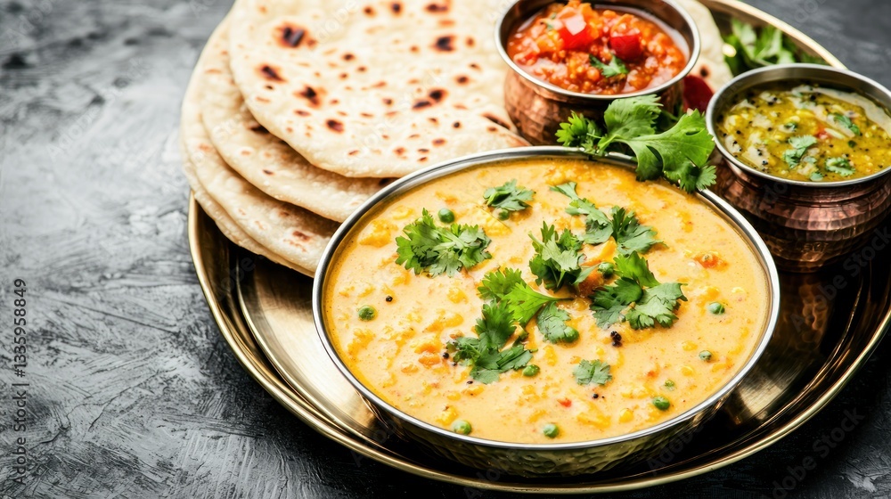 Delicious thali featuring dal tadka daal makhani and rotis on rustic surface creating authentic indian cuisine experience Delicious thali featuring dal tadka daal makhani and rotis on rustic surface creating authentic indian cuisine experience