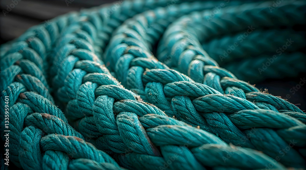 Fototapeta premium A Mesmerizing Teal Rope Coil, A Symbol Of Strength And Resilience, Intricately Woven With Deep Shadows And Highlights