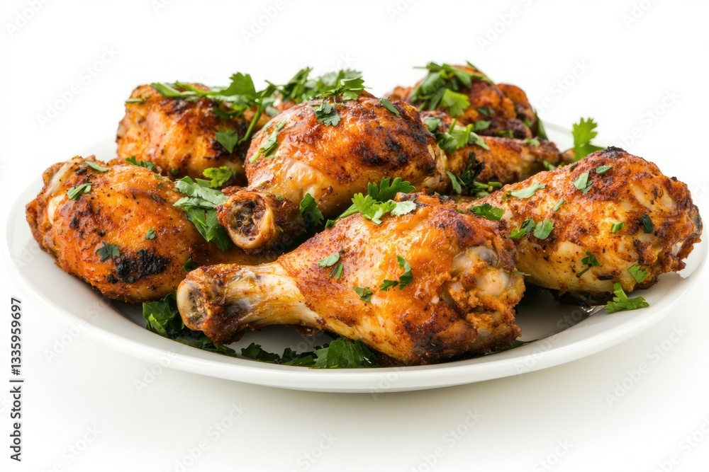 Delicious Golden Brown Roasted Chicken Legs with Fresh Herbs and a White Background Studio Shot Delicious Golden Brown Roasted Chicken Legs with Fresh Herbs and a White Background Studio Shot