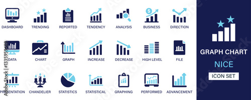 Graph and chart icon set collection. Dashboard, trending, tendency, analysis, business, direction, data, chart, high level and best solid icon set.