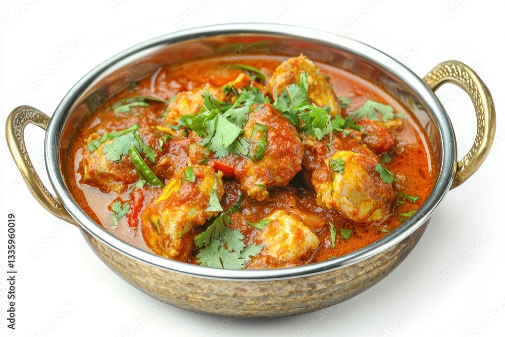 Delicious curry chicken garnished with fresh parsley ready to serve in traditional cookware Delicious curry chicken garnished with fresh parsley ready to serve in traditional cookware
