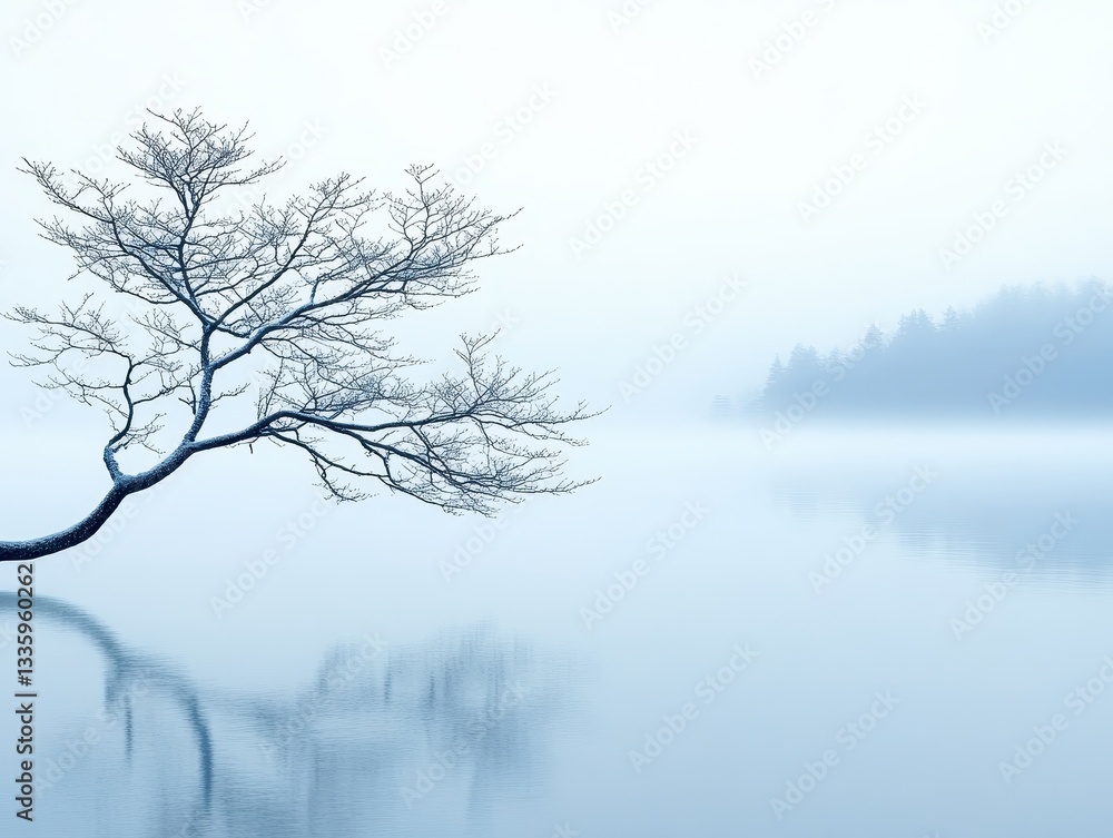 Serene winter landscape featuring a solitary tree by a foggy lake Serene winter landscape featuring a solitary tree by a foggy lake