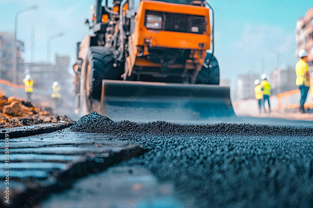 Close-up view of an asphalt paver laying fresh black tarmac at a road construction site Close-up view of an asphalt paver laying fresh black tarmac at a road construction site