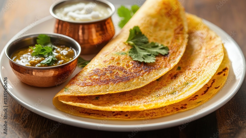Delicious golden dosa savory crepe on white plate complemented by flavorful chutney and creamy yogurt Delicious golden dosa savory crepe on white plate complemented by flavorful chutney and creamy yogurt