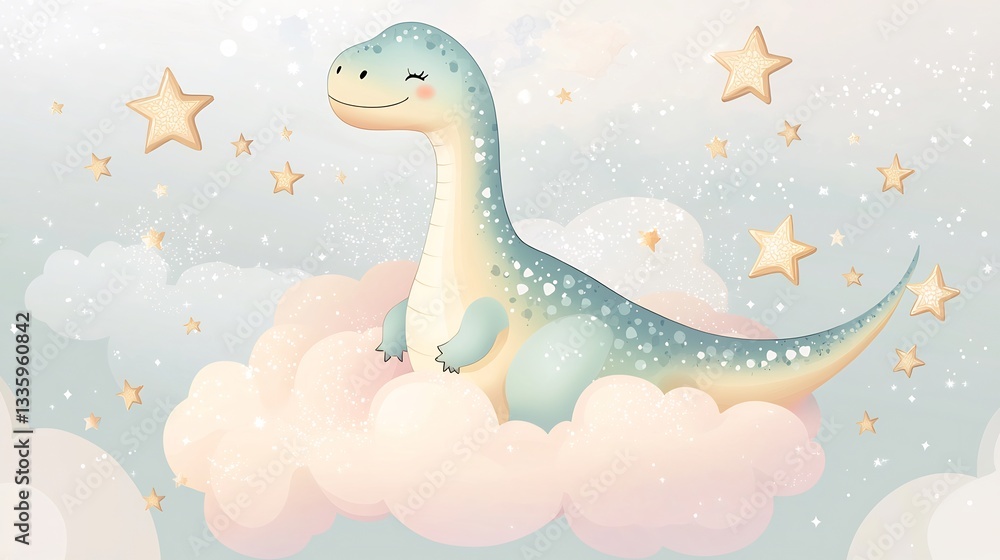 Fototapeta premium Charming kawaii style Brachiosaurus floating on a pastel cloud surrounded by tiny stars
