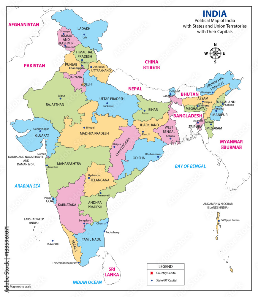 Fototapeta premium India Political Map with States, Union Territories, and Capitals – High-Quality Vector Illustration Coloured