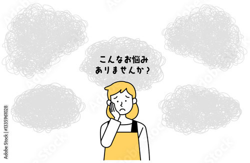 こんなお悩みありませんか？主婦のベクターイラスト モノクロ シンプル