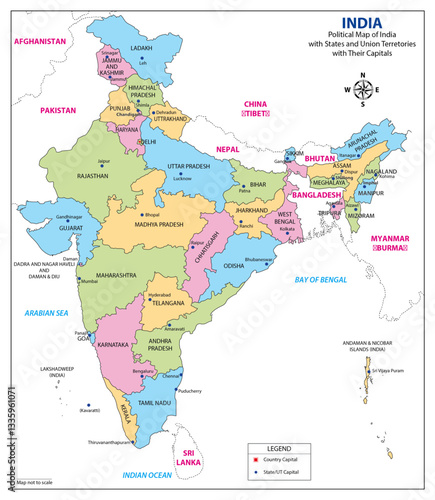 India Political Map with States, Union Territories, and Capitals – High-Quality Vector Illustration Coloured