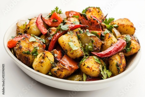 Roasted Potato Medley with Peppers Cilantro and Spices in a White Bowl on a Light Surface Food Photography