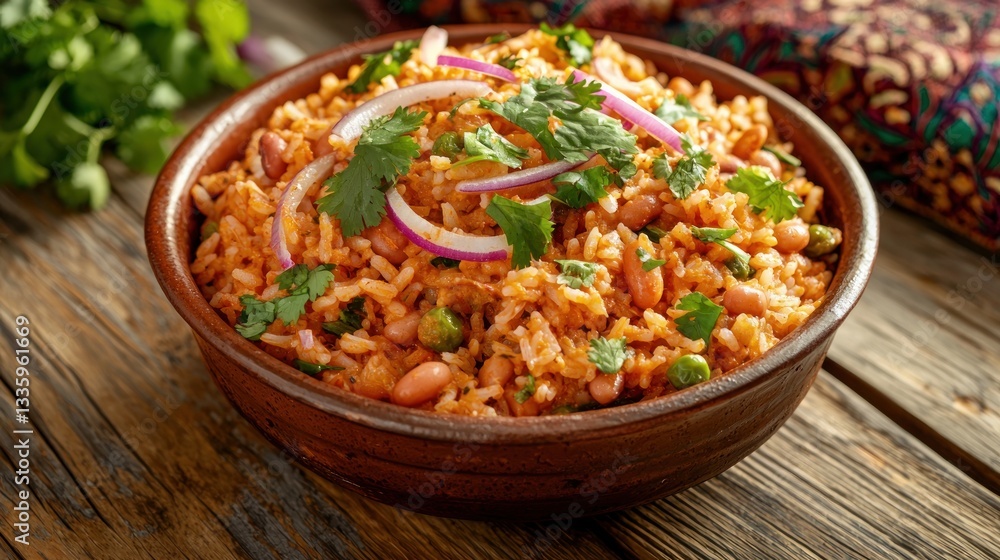 Delightful spanish rice in rustic bowl on wooden table with pinto beans and red onion Delightful spanish rice in rustic bowl on wooden table with pinto beans and red onion