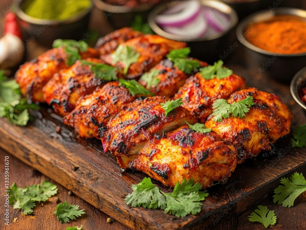 Delicious chicken tikka masala succulent flavor on a wooden board complemented with fresh herbs and spices Delicious chicken tikka masala succulent flavor on a wooden board complemented with fresh herbs and spices