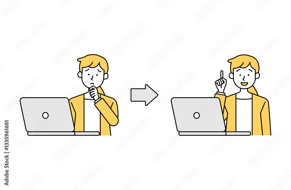 パソコン作業で疑問・悩みが解決する女性会社員・ビジネスパーソンのベクターイラスト シンプル