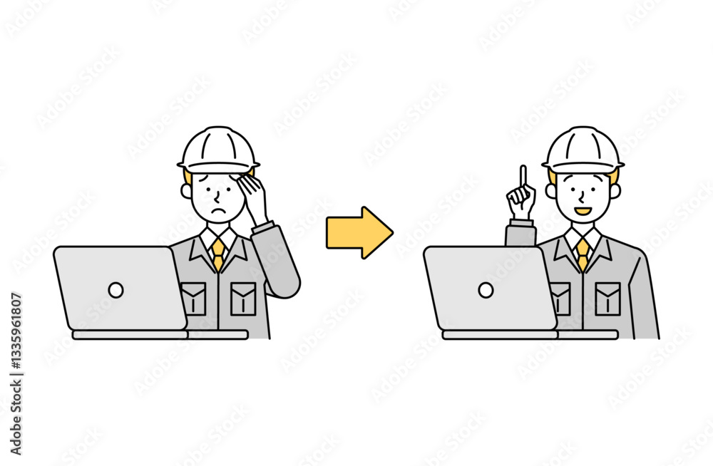 パソコン作業で疑問・悩みが解決する男性作業員のベクターイラスト シンプル パソコン作業で疑問・悩みが解決する男性作業員のベクターイラスト シンプル