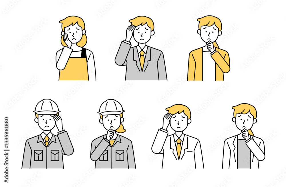 いろんな職業の悩んでいる人のベクターイラストセット シンプル