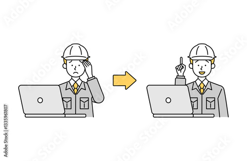 パソコン作業で疑問・悩みが解決する男性作業員のベクターイラスト シンプル