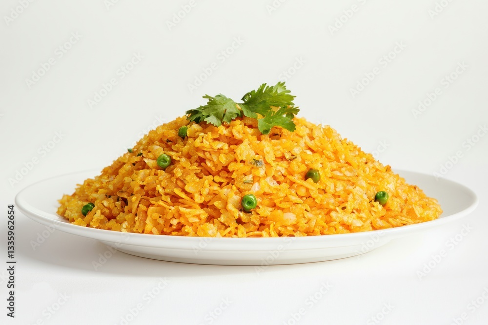 Vibrant poha dish with fresh green coriander garnish and peas on white plate against a clean background