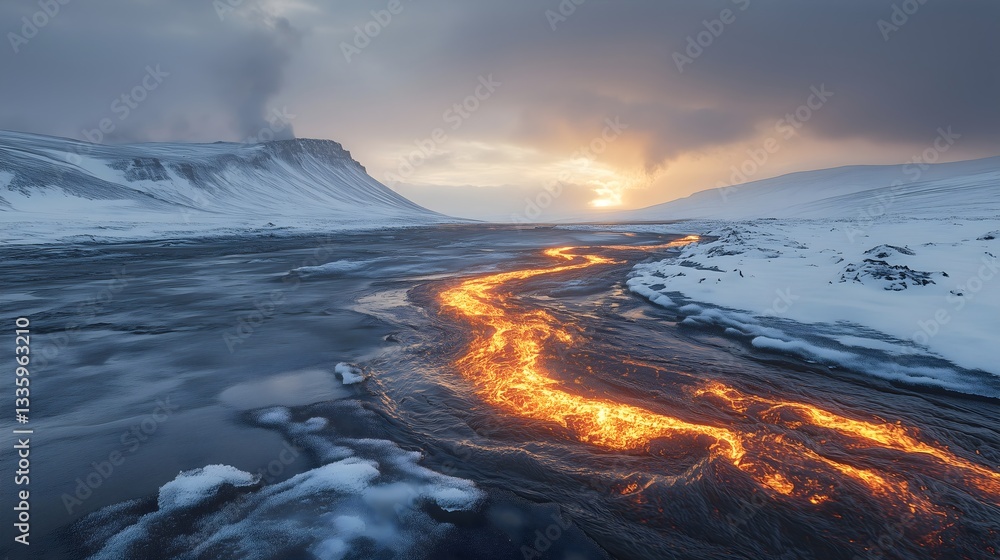 Fototapeta premium Surreal landscape featuring a glowing river of lava flowing through icy terrain at sunset