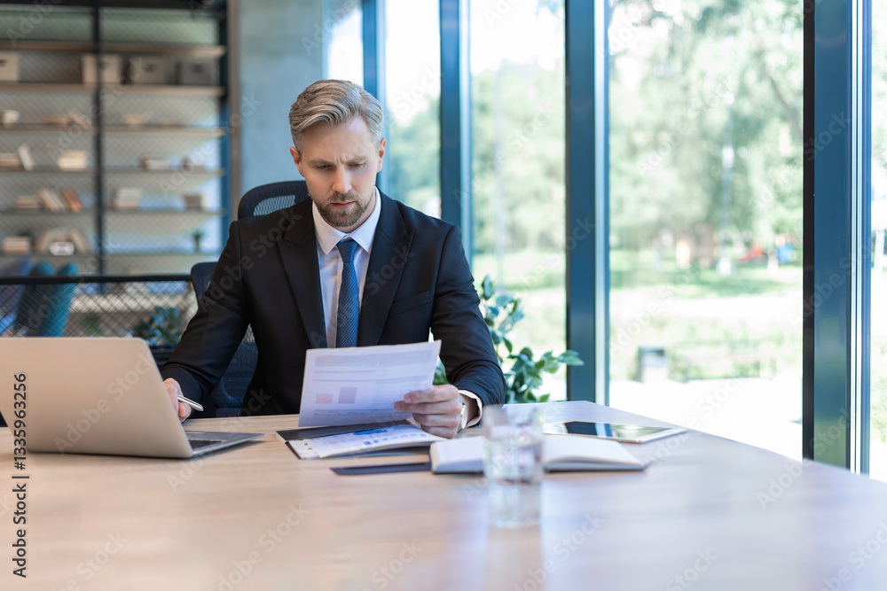 Mature businessman with beard working with documents, contracts and bills sitting at table using laptop at work in modern bright office with large windows Mature businessman with beard working with documents, contracts and bills sitting at table using laptop at work in modern bright office with large windows