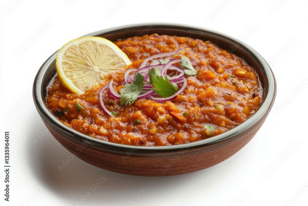 Delicious lentil stew in wooden bowl with vibrant lemon slice and fresh red onion garnish Delicious lentil stew in wooden bowl with vibrant lemon slice and fresh red onion garnish