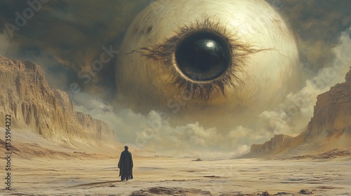 Giant eye watches over a barren desert landscape with an enigmatic figure standing below