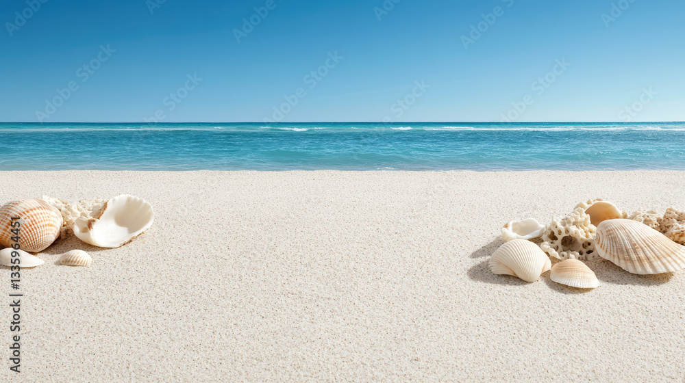 peaceful beach with seashells scattered on sand, inviting relaxation peaceful beach with seashells scattered on sand, inviting relaxation
