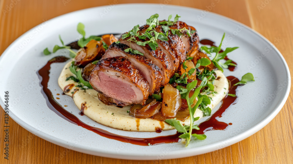 gourmet meal featuring seared duck breast on creamy puree with vegetables gourmet meal featuring seared duck breast on creamy puree with vegetables