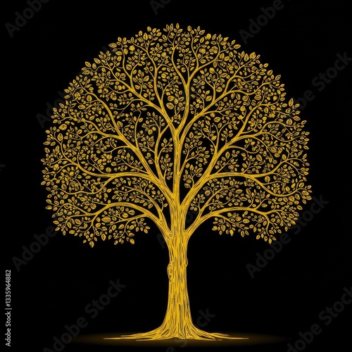 Abstract silver and gold tree illustration, isolated vector on a black background.