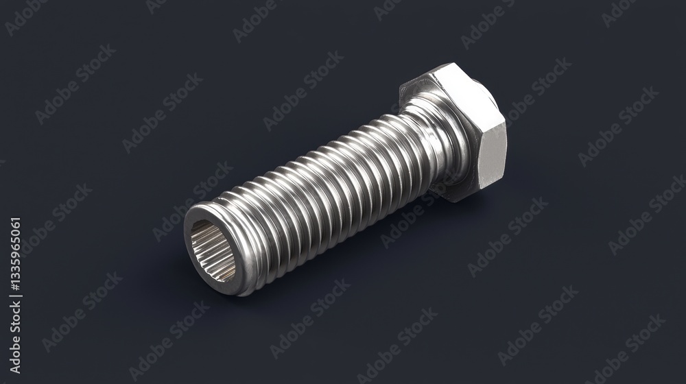 A 3D rendering of a silver bolt with a hexagonal head and a threaded shaft. A 3D rendering of a silver bolt with a hexagonal head and a threaded shaft.