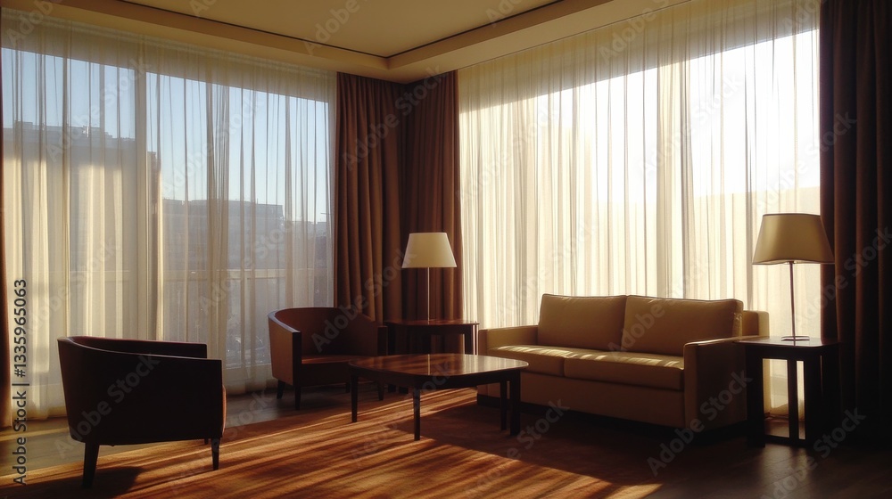 Fototapeta premium Bright Living Room with Sheer Curtains and Wooden Flooring