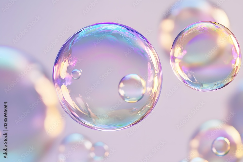 Shimmering soap bubbles drift blissfully on a smooth, muted backdrop, displaying a rainbow of hues Shimmering soap bubbles drift blissfully on a smooth, muted backdrop, displaying a rainbow of hues