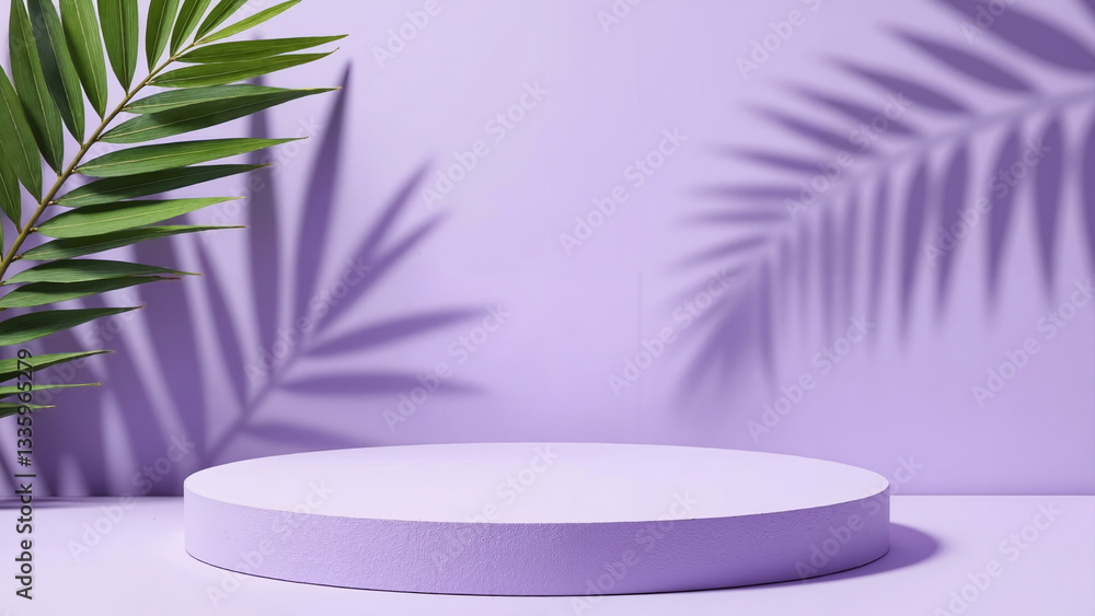 Obraz premium An elegant purple podium with palm leaves and their shadows. Ideal for product displays, cosmetic ads, and tropical themes.