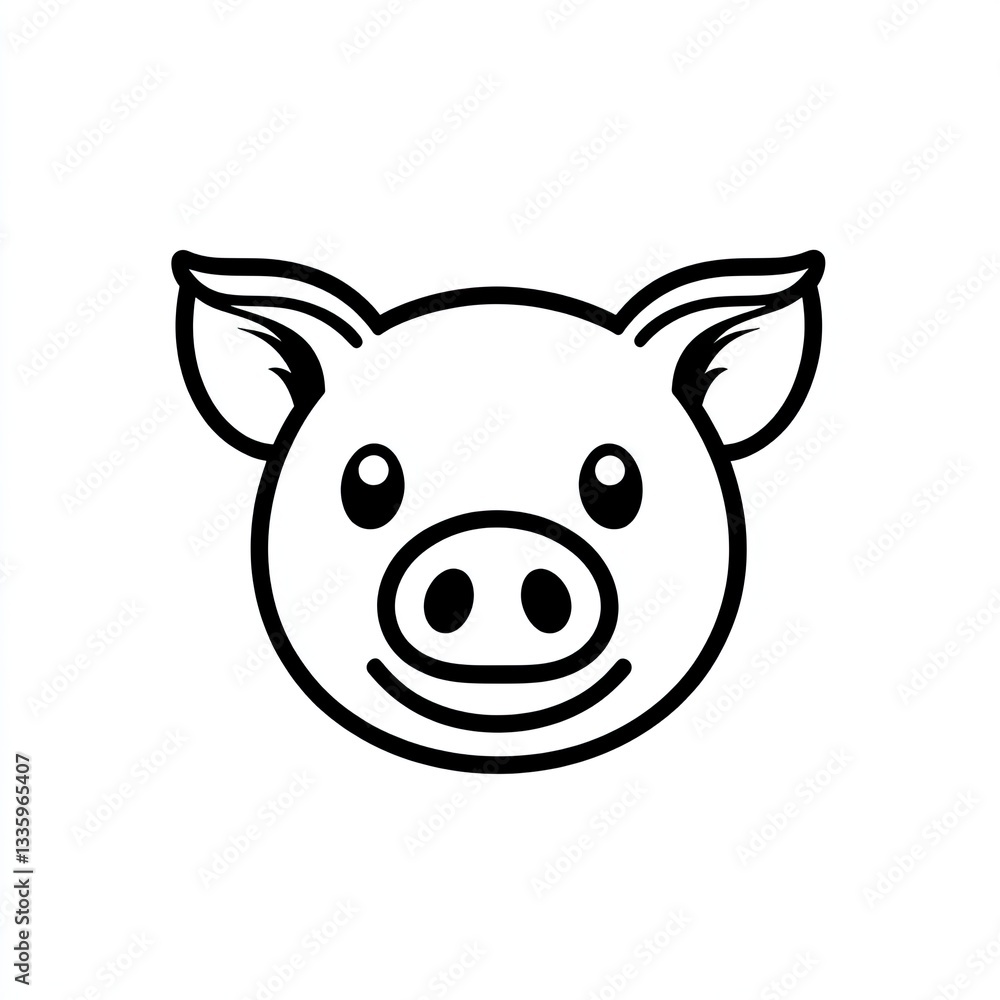 Fototapeta premium Cute simple pig face icon black outline on white background minimalistic 
